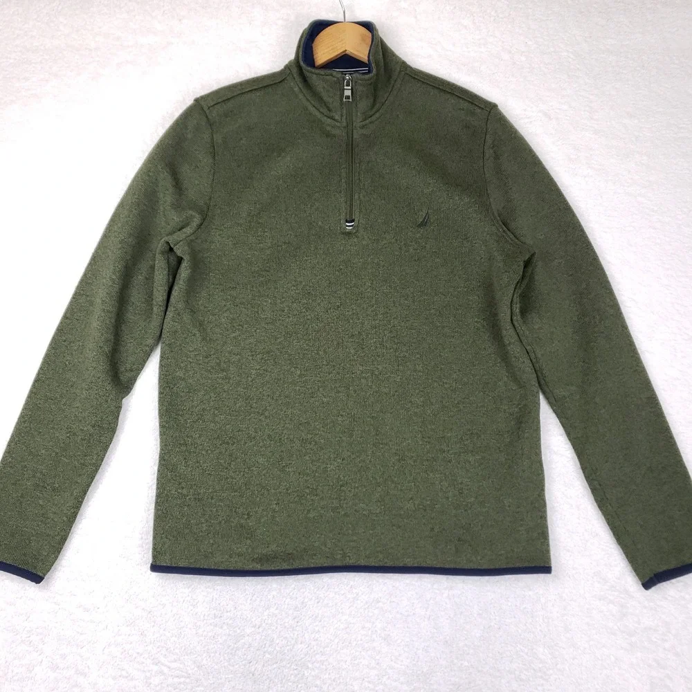 Nautica Mens Quarter Zip Pullover Sweater Olive Green Heathered Knit M Fisherman